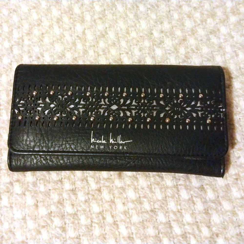 Nicole Miller Black Studded Cutout Trifold Wallet Boho Glam Y2K Edgy Boho Glam
